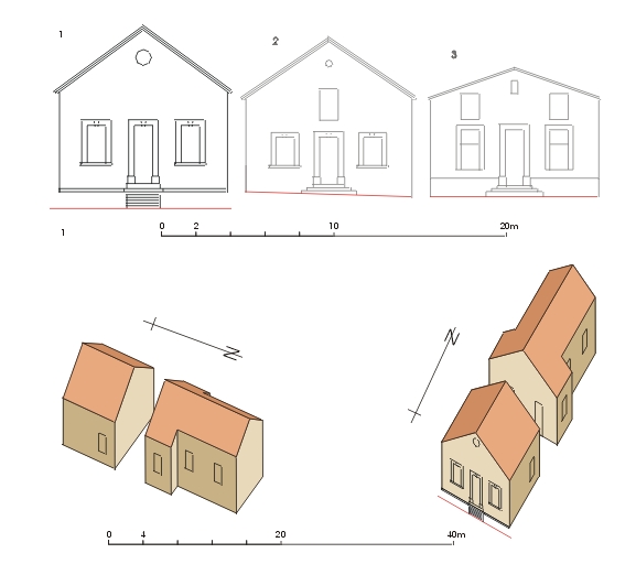 Axonometries et élévation (1)  de la façade anterieure de l'école du Brayal-Rouvier et comparaisons avec l'école primaire de la Baume (2) et celle de la Palud (3).