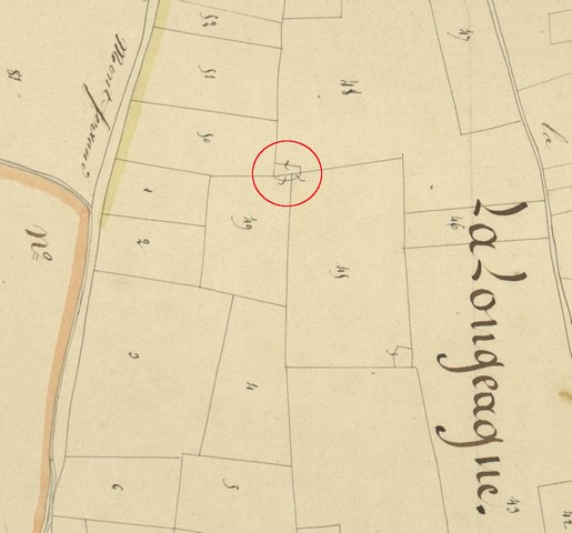 Localisation du pierrier sur le cadastre de 1839 (section E4). Echelle d'origine 1/2 000e.