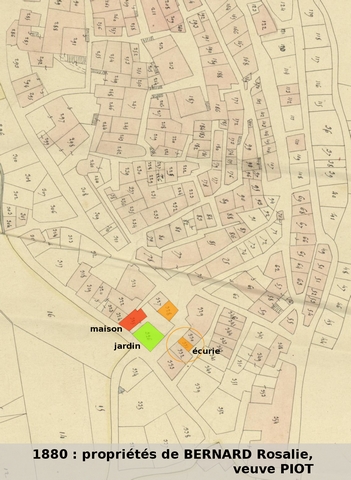 Propriétés de Rosalie Bernard, veuve Piot, en 1880, d'après le plan cadastral de 1839, section F1. Echelle d'origine 1/1000e.