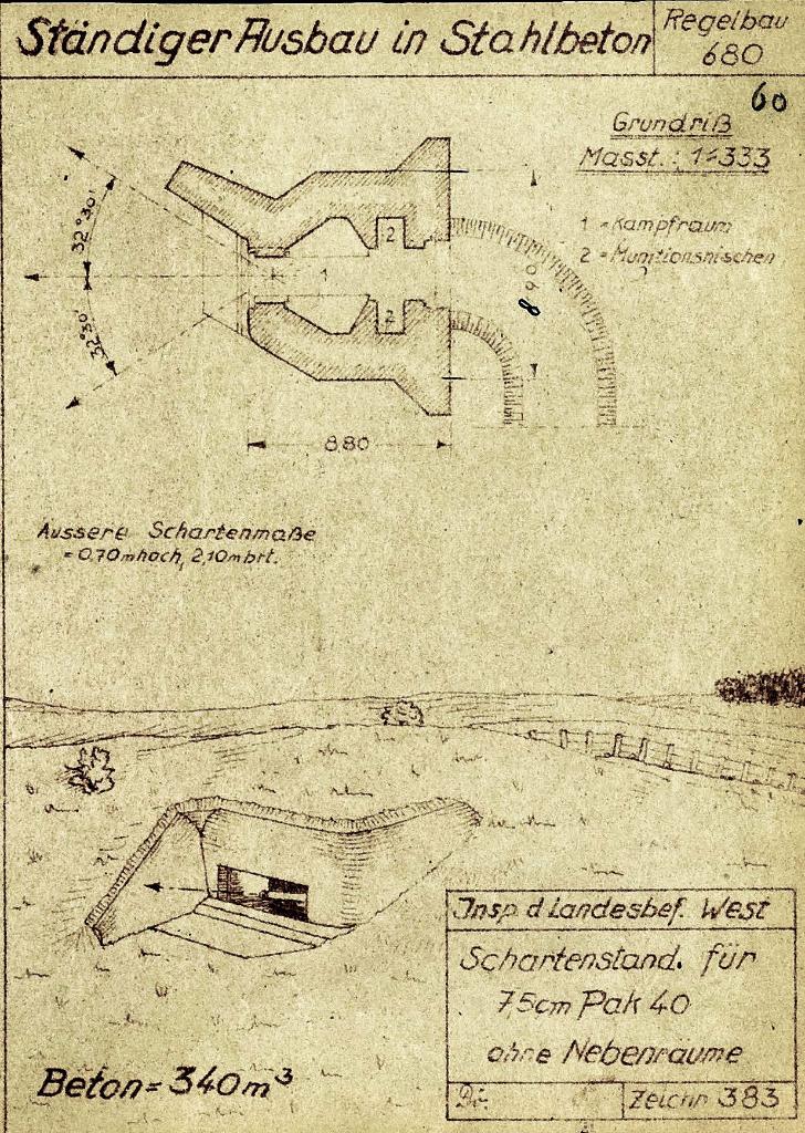 [Plan et vue en perspective du modèle-type de casemate de flanquement Regelbau 680], 1944.
