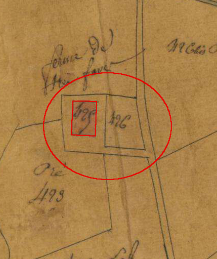 Plan de masse et de situation d'après le plan cadastral de 1823, section A2. Echelle d'origine 1/2500e.