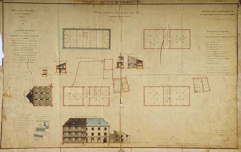 Atlas des bâtiments militaires. Génie. Direction d'Embrun. Place d'Embrun. 1822. Manutention aux vivres coté H. Magasin aux vivres coté 16. [plans, coupes, élévation]. 