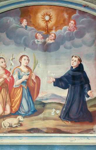 tableau d'autel : Saint Jean Baptiste, sainte Luce, saint Antoine de Padoue et l'adoration du Saint Sacrement