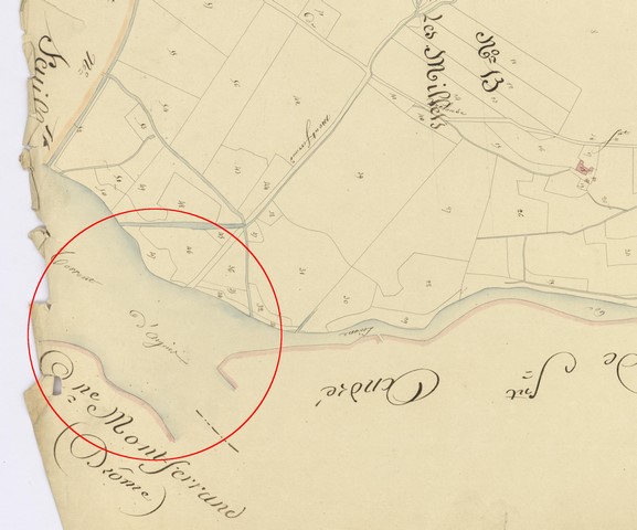 Emplacement du futur pont sur le plan cadastral de 1839 (section E13). Echelle d'origine 1/2 000e.