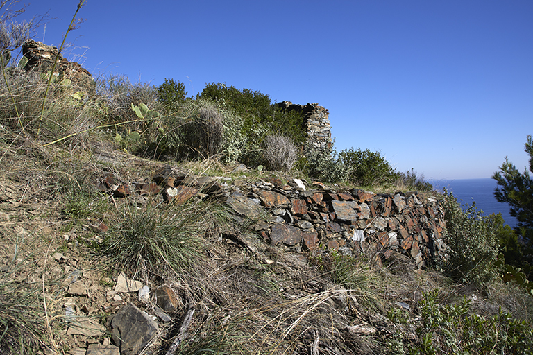 Mur de soutènement de l'épaulement de batterie et, à l'arrière-plan, ruines du corps de garde.