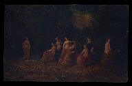 Ensemble de trois tableaux, cadres : Femmes à la harpe dans une clairière (n°1), "La leçon d'amour" (n°2), "Les Bergers" (n°3)