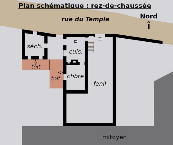 Plan schématique du bâtiment : rez-de-chaussée surélevé.