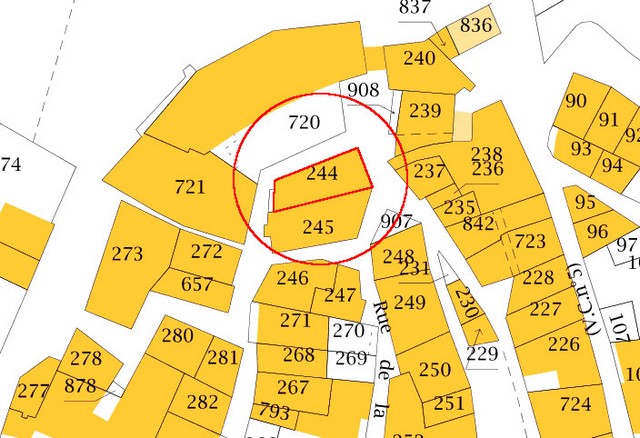 Plan de masse d'après le cadastre de 2021, section 000F. Echelle d'origine 1/500e.