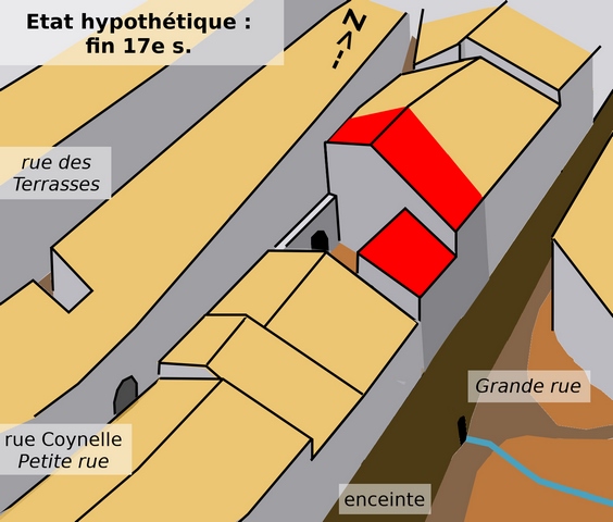 Le bâtiment dans son quartier, état hypothétique : fin du 17e siècle.
