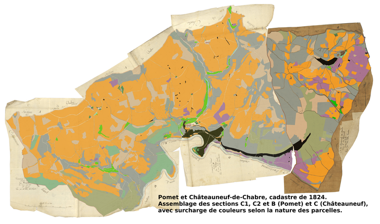 Plan cadastral de 1824. Assemblage des sections C1, C2 et B (c. de Pomet) et C (c. de Châteauneuf). Surcharge de couleurs selon la nature des parcelles : labours en orange ; prés, pâtures et jardins en vert ; vigne en violet.