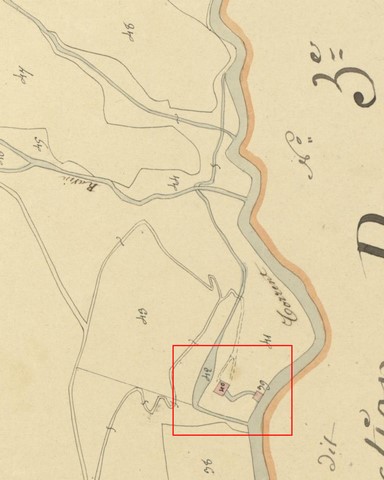 Localisation des moulins de Lampourdière, sur le cadastre de 1839 (section D13). Echelle d'origine 1/2 000e.