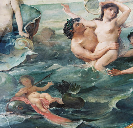 plafond, reliefs et 3 peintures monumentales : Le triomphe de Jupiter, Le triomphe de Neptune, Le triomphe de Bacchus