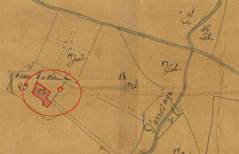 Plan de masse et de situation d'après le plan cadastral de 1823, section J1. Echelle d'origine 1/2500e.