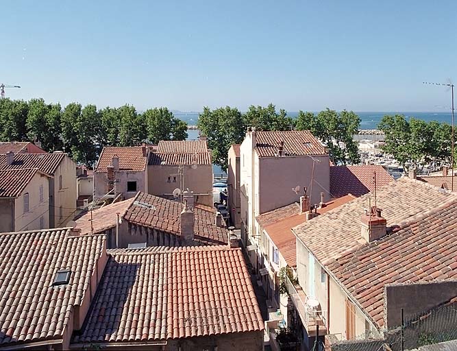 Vue prise depuis la terrasse de la place de l'église (place Malleterre) : les toits du hameau, les frondaisons des platanes bordant la Plage et la mer.