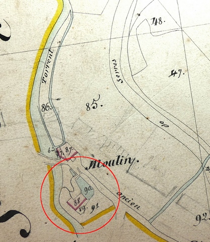 Plan de masse, d'après le cadastre de 1839 (section E1) (version des Archives communales). Echelle d'origine 1/2 000e.