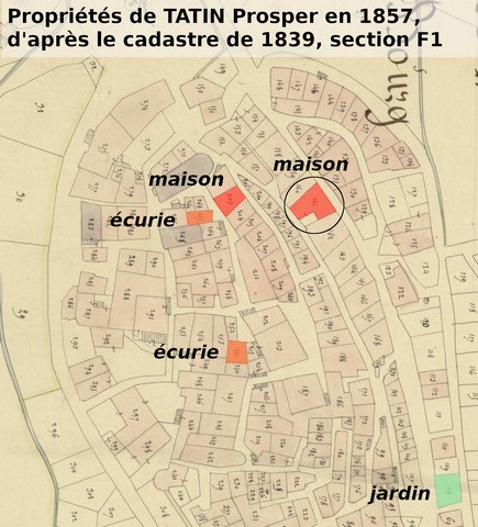 Propriétés de Prosper Tatin en 1857, d'après le plan cadastral de 1839, section F1. Echelle d'origine 1/1000e.