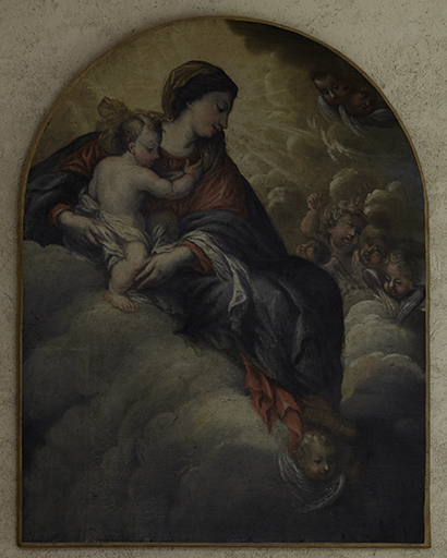 Tableau : Vierge à l'Enfant dans les nuées entourée d'anges