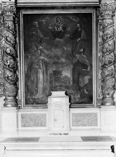 tableau (2) : Vierge à l'Enfant avec Saint Léon (?), Saint Pierre, Saint Marc, Saint Paul ; évêque recevant le Saint Esprit avec Saint François d'Assise et un chartreux
