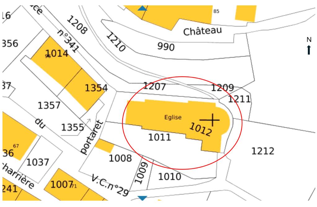 Plan de masse et de situation d'après le cadastre rénové de 2023 (section C, parcelle 1012). Echelle 1/2500.