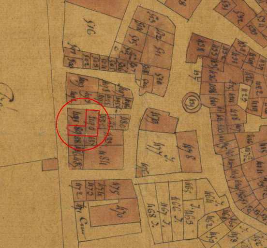 Plan de masse et de situation d'après le plan cadastral de 1823, section E2. Echelle d'origine 1/1250e.