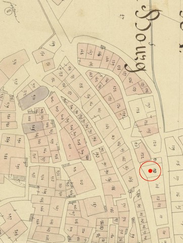 Localisation de l'emplacement du bâtiment actuel, d'après le plan cadastral de 1839, section F1. Echelle d'origine 1/1000e.