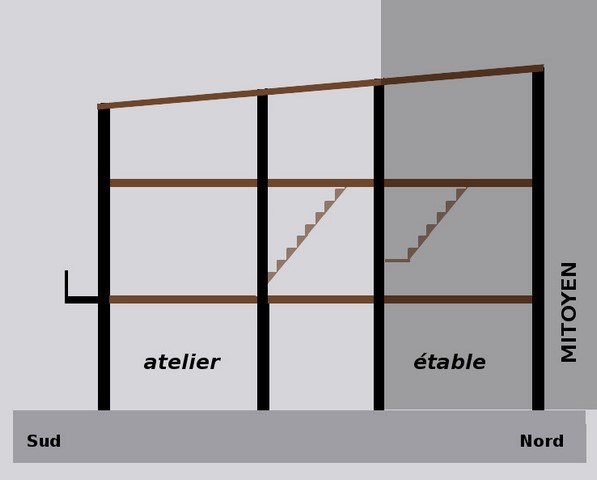 Coupe schématique de la maison, nord-sud (partie non grisée).
