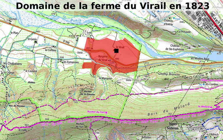 Extrait de la carte IGN au 1/25 000e, montrant l'étendue du domaine agricole d'après le cadastre de 1823.