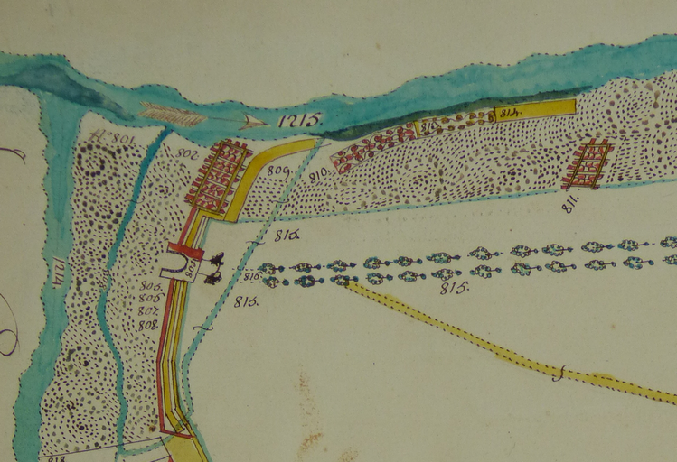 Plans visuels de la terre et seigneurie du Bourg de Ribiers, 1755. Détail du plan 7 : les gravières en bord du Buëch.