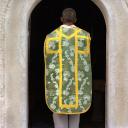 ensemble de vêtements liturgiques (N° 4) : chasuble, étole, manipule, bourse de corporal, voile de calice (ornement vert)