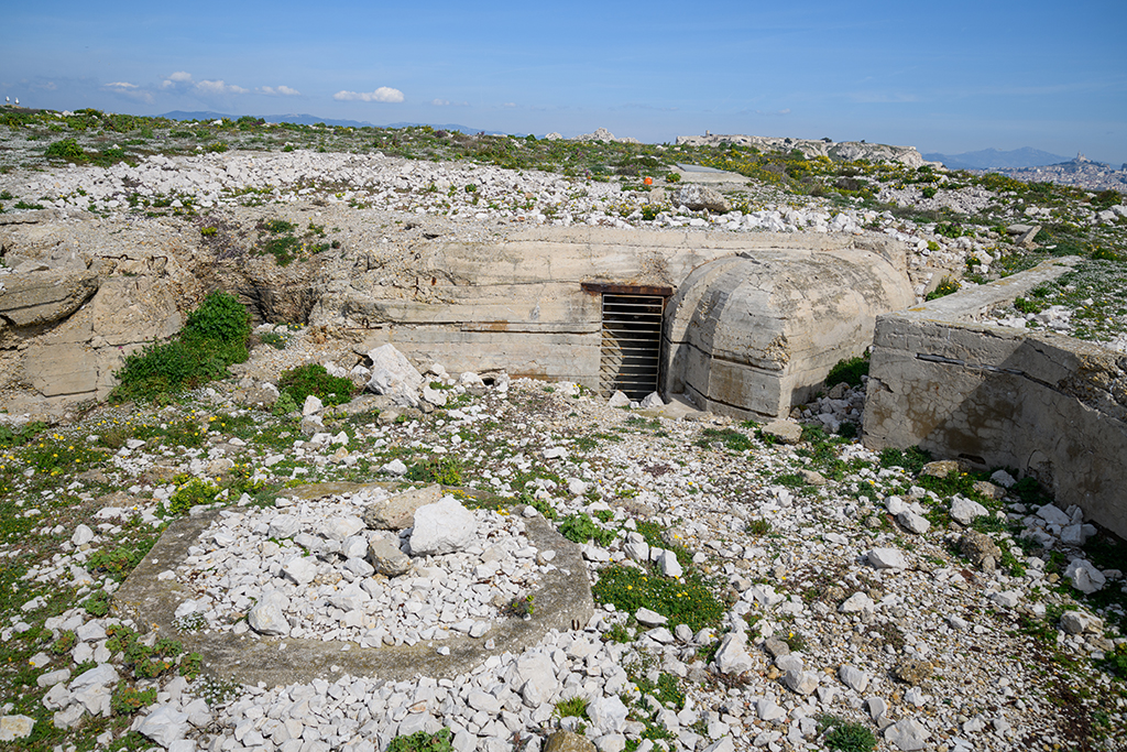Batterie sudwall, 4eme cuve à casemate abri Regelbau M 158, pivot central du canon et façade sur cuve de la casemate