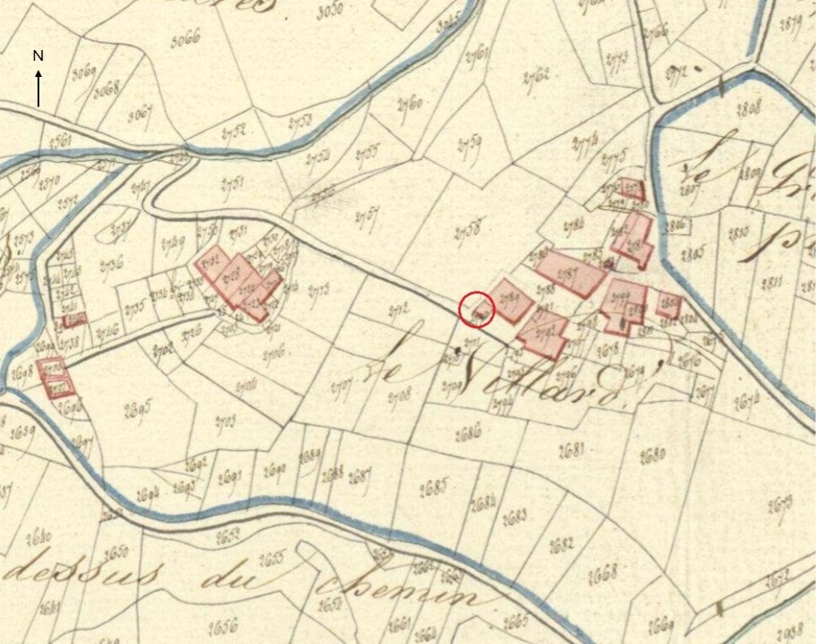 Plan de masse et de situation d'après le cadastre de 1813 (section D, parcelle 2790). Echelle d'origine 1/2500.