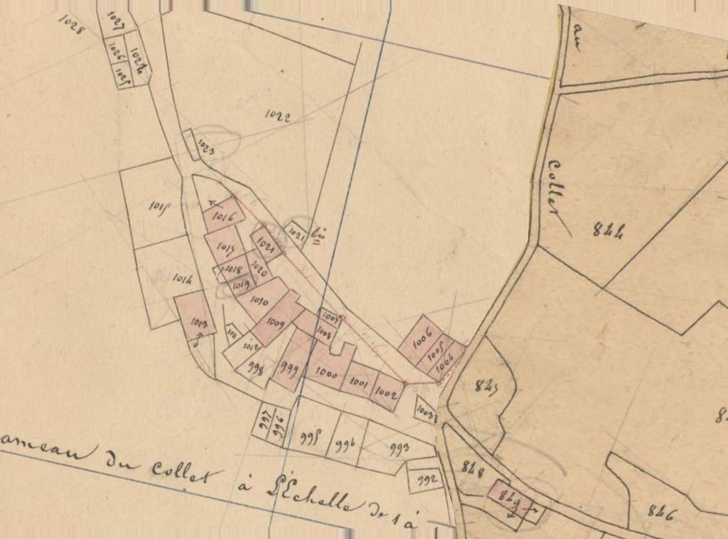 Plan-masse du hameau du Collet en 1842, d'après le plan du cadastre ancien, section D, feuille 4.