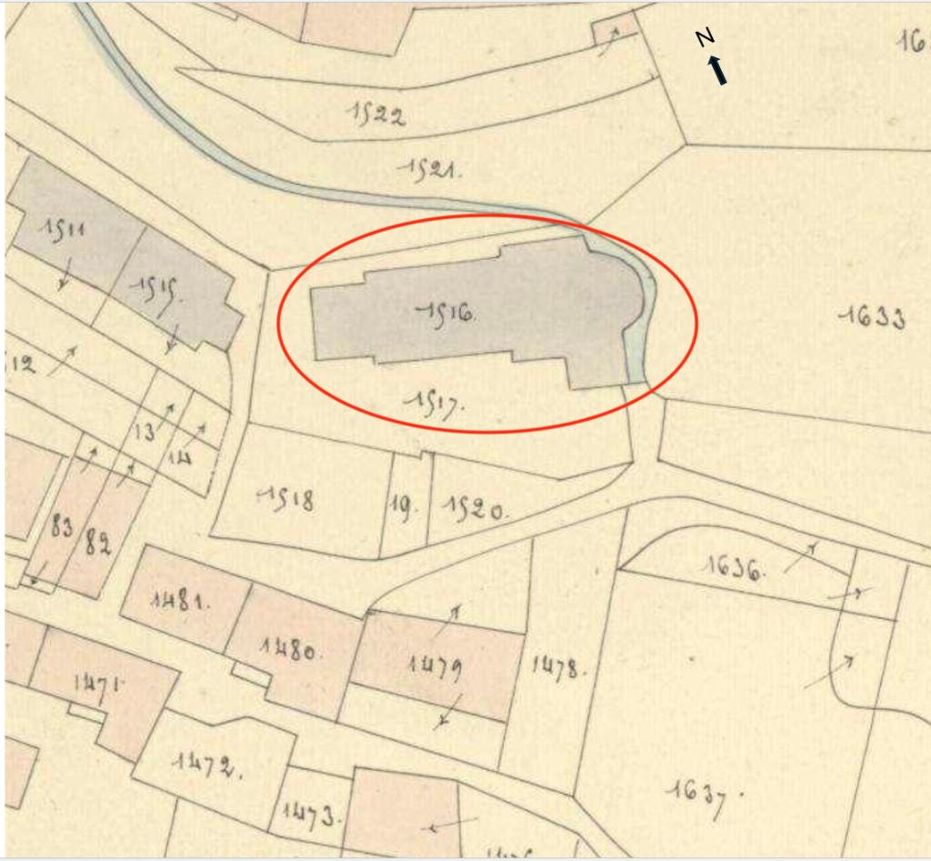 Plan de masse et de situation d'après le cadastre de 1843 (section C, parcelle 1516). Echelle d'origine 1/1000.