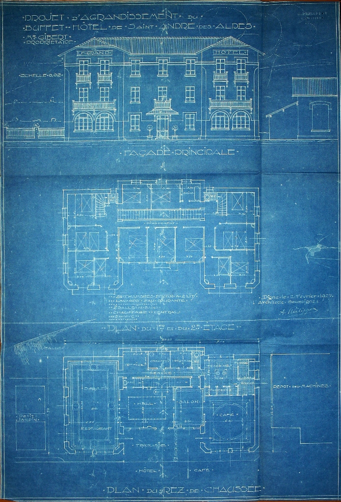 Troisième projet d'agrandissement du buffet, 1927. Plans et élévations.