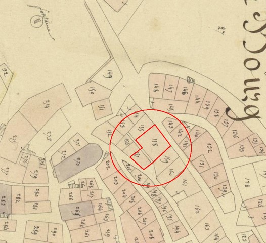 Plan de masse d'après le plan cadastral de 1839, section F1. Echelle d'origine 1/1000e.