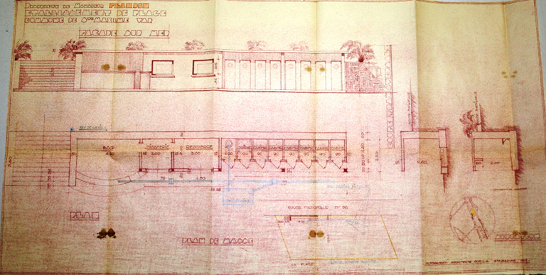 Propriété de Monsieur Flandin. Etablissement de plage. Commune de Ste Maxime. Var. Façade sur mer. Plan. Plan de masse. [Mario Plage à la Petite Corse.]