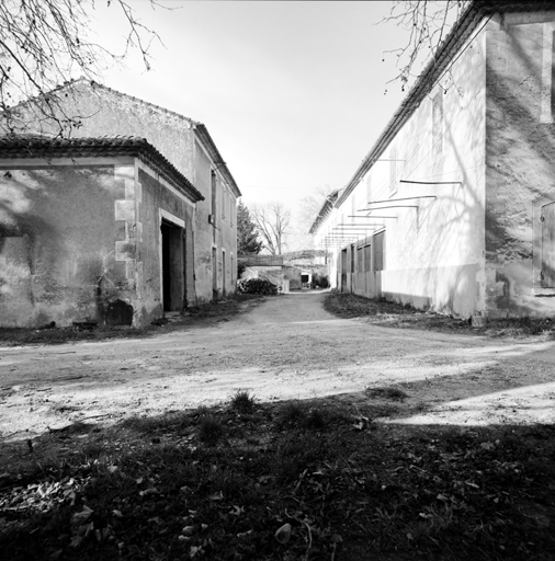 Vue d'ensemble prise de l'est montrant les communs et au fond la maison de maître.