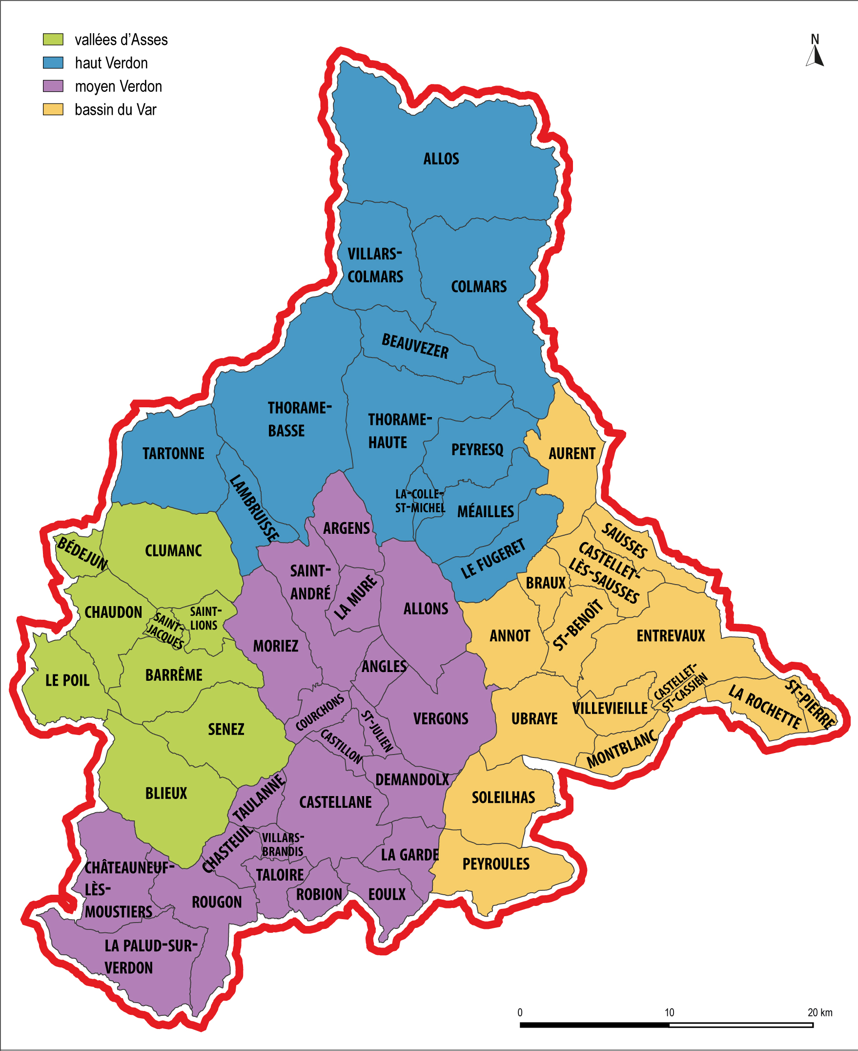 Localisation des quatre zones ou secteurs du Pays Asses, Verdon, Vaïre, Var.