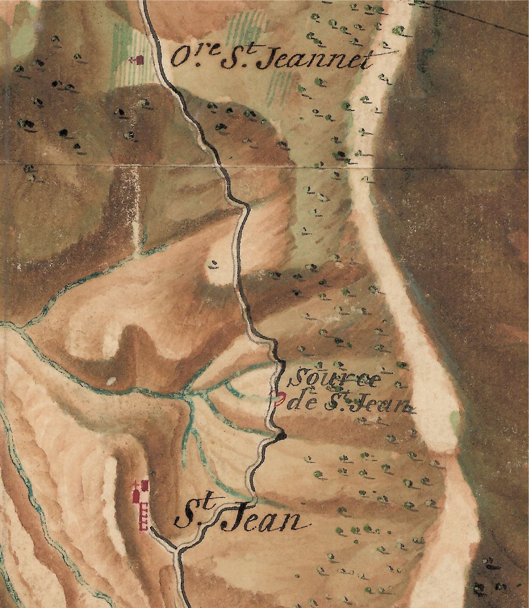 Cartes des frontières Est de la France, de Colmars à Marseille, 1764-1778. Détail de la planche 194-11 : St-Jean, source de St-jean et oratoire Saint-Jeannet.