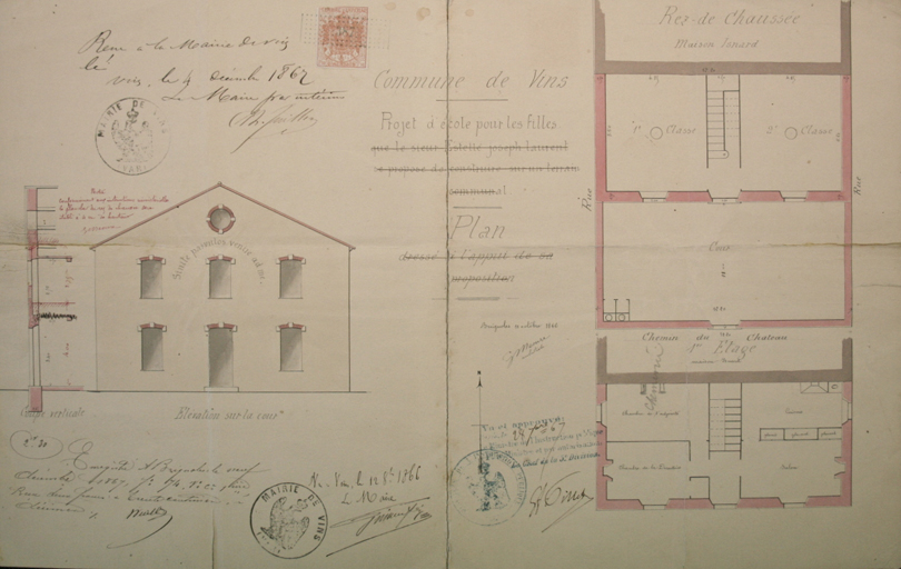 Plans et élévation de l'école de filles, Vins-sur-Caramy