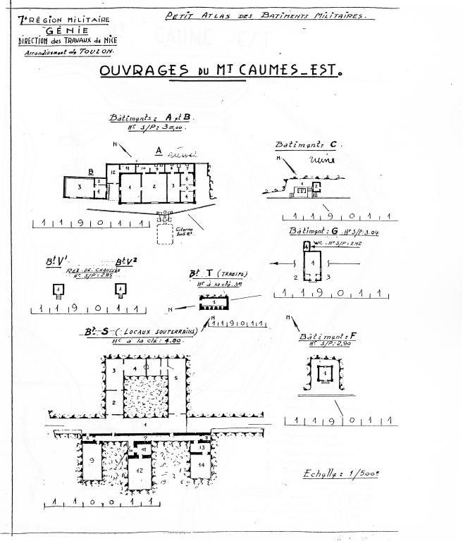 Petit atlas des fortifications militaires. Ouvrage du Mt Caumes Est. [Plans des bâtiments et souterrains caverne de l'ouvrage Est du Mont Caume]. vers1900.