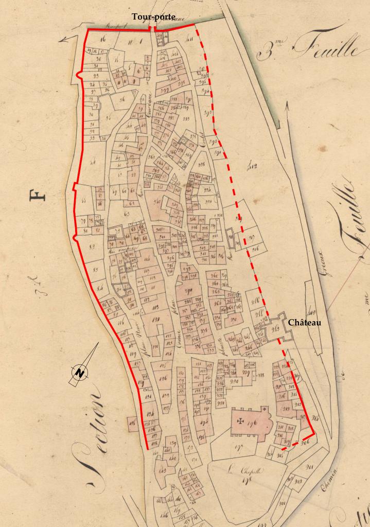 Plan cadastral de la commune de Saint-Julien, 1823. Restitution hypothétique de l'enceinte médiévale de Saint-Julien-le-Montagnier d'après le plan cadastral de 1823.