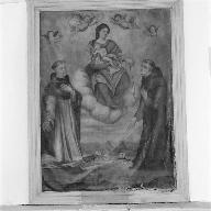 tableau : Vierge à l'Enfant remettant le rosaire à Saint Dominique et saint Antoine de Padoue