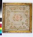 ex-voto, tableau de broderie : Reconnaissance, Vierge et guirlande de fleurs