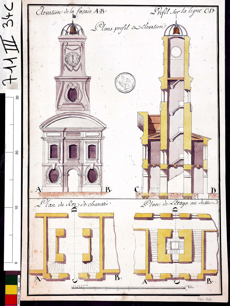 Plans, profil et élévations [Bâtiment de l'horloge, Toulon : plans, élévation et coupe de la tour de l'horloge]. 1773