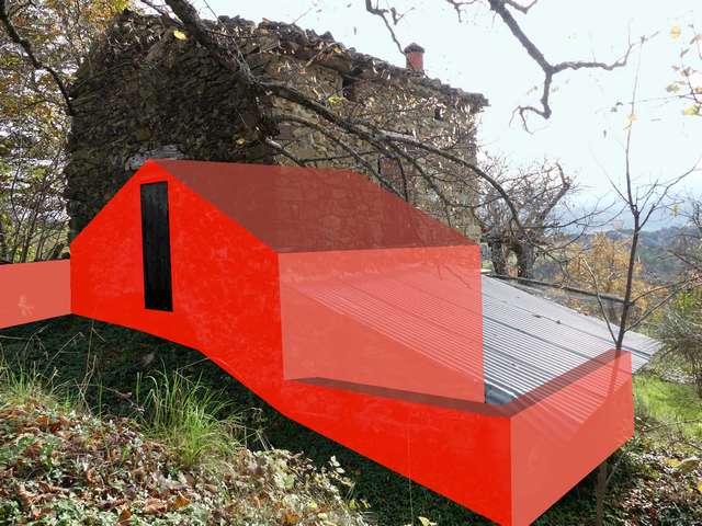 Vue d'ensemble prise du nord-ouest. En rouge, le premier état du bâtiment.