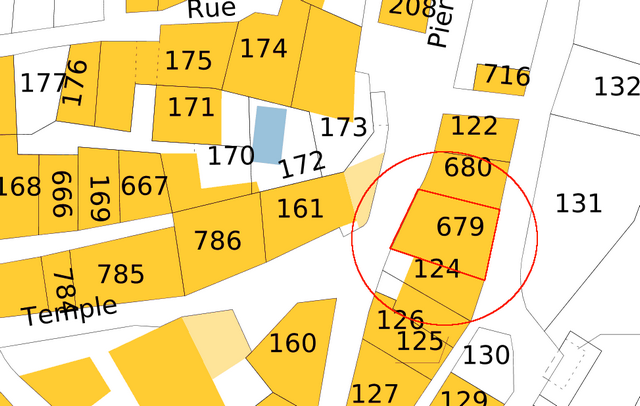 Plan de masse d'après le cadastre de 2021, section 000F. Echelle d'origine 1/500e.