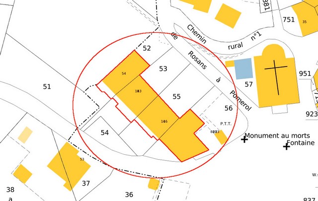 Plan de masse, d'après le cadastre de 2022 (section 000F). Echelle d'origine 1/500e.