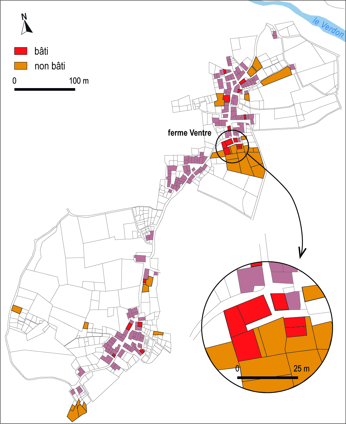 Carte 4. Villars-Colmars : implantation des propriétés de la famille Ventre, d'après le cadastre de 1827.