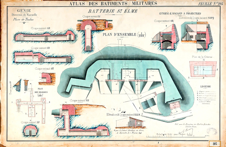 Batterie St Elme. [Plans et coupes des magasins en caverne] 1896.